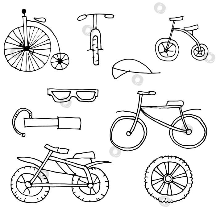 Скачать транспортные средства велосипед, мопед, скутер и их части, черно-белый рисунок от руки, вектор фотосток Ozero