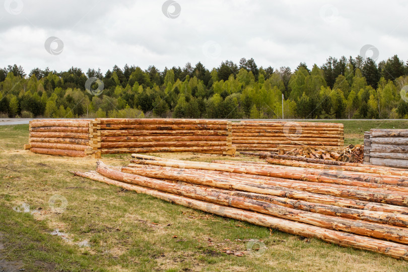 Скачать На поляне лежат очищенные сосновые бревна и срубы фотосток Ozero