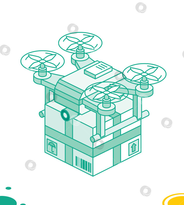 Скачать Изометрический беспилотный квадрокоптер с коробкой для посылок, выделенной на белом фоне. Стиль контура. Доставка товара покупателю. Футуристическая технология транспортной логистики. Служба воздушной доставки. фотосток Ozero