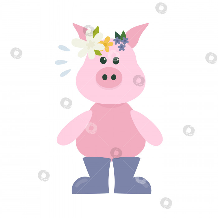 Скачать Симпатичная мультяшная свинья в сапогах и цветочном венке в плоском стиле. Весенний характер. фотосток Ozero