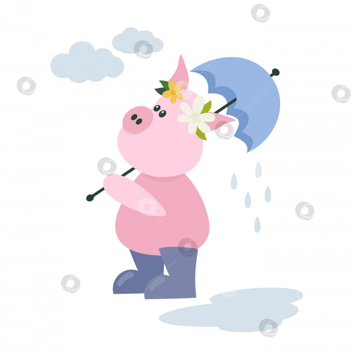 Скачать Симпатичная мультяшная свинья в сапогах и зонтике в плоском стиле. Весенний персонаж, стоящий под дождем. фотосток Ozero
