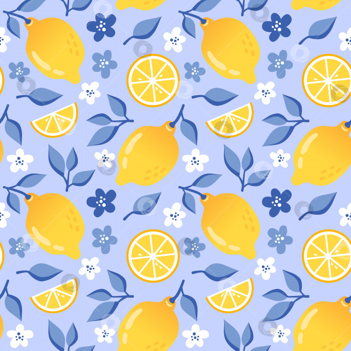 Скачать Летний бесшовный узор с лимоном, ломтиком лимона, белыми цветами и темно-синими листьями в плоском стиле на синем фоне. фотосток Ozero