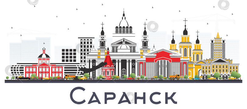 Скачать Городской пейзаж Саранска, Россия, с цветными зданиями, выделяющимися на белом фоне. фотосток Ozero