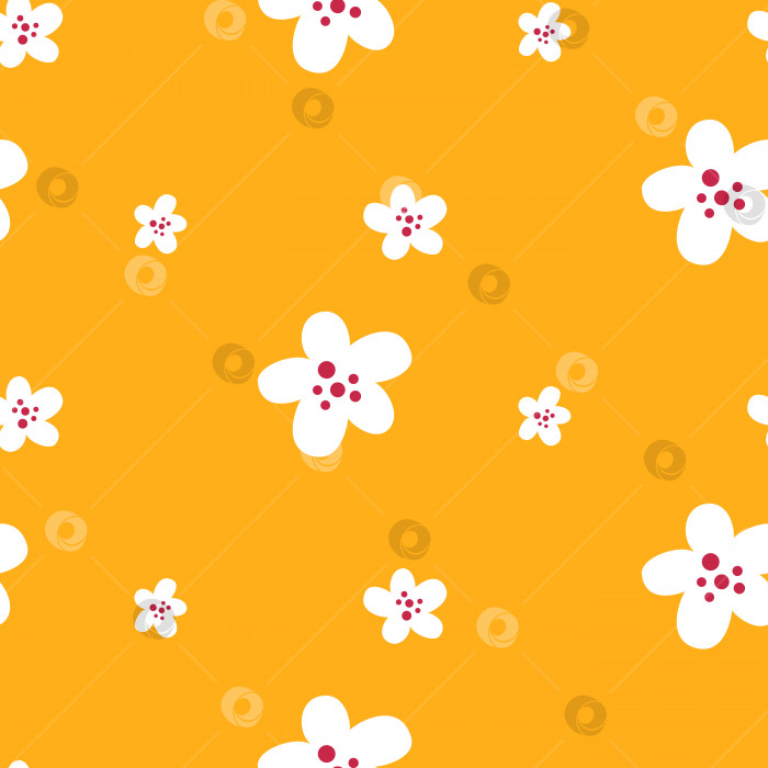 Скачать Бесшовный узор милые простые белые цветы с малиновыми точками на ярко-желтом фоне фотосток Ozero