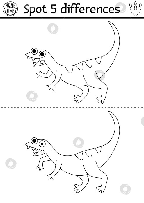 Скачать Игра "Найди отличия" для детей. Развивающее занятие с Компсогнатусом о черно-белом динозавре. Пазл с изображением маленького древнего животного. Рабочий лист для печати, раскраска фотосток Ozero