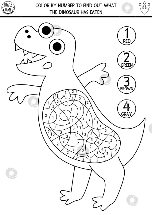 Скачать Раскраска динозавров векторной линией по номерам с тираннозавром и едой в его желудке. Доисторическая черно-белая игра-считалка. Простая раскраска для детей с тираннозавром и тем, что он съел фотосток Ozero