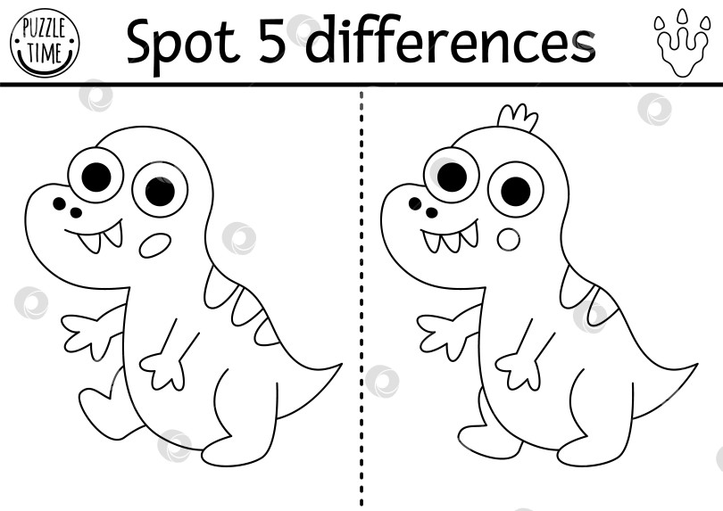 Скачать Игра "Найди отличия" для детей. Развивающее занятие с детенышем тираннозавра - черно-белым динозавром. Пазл с изображением маленького древнего животного. Рабочий лист для печати, раскраска с ребенком-тираннозавром фотосток Ozero