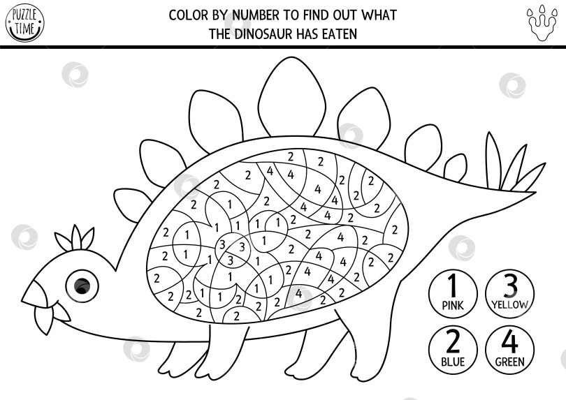 Скачать Векторная черно-белая раскраска динозавров по номерам со стегозавром и едой в его желудке. Доисторическая игра по подсчету строк. Простая раскраска для детей с изображением древнего животного фотосток Ozero