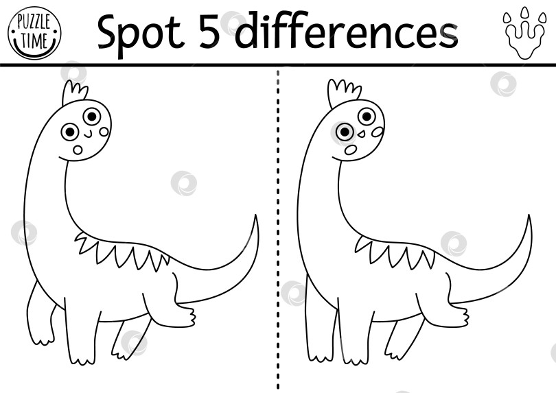 Скачать Игра "Найди отличия". Черно-белое развивающее занятие про динозавров с брахиозавром. Пазл для детей с изображением маленького древнего животного. Рабочий лист для печати, раскраска с диплодоком фотосток Ozero