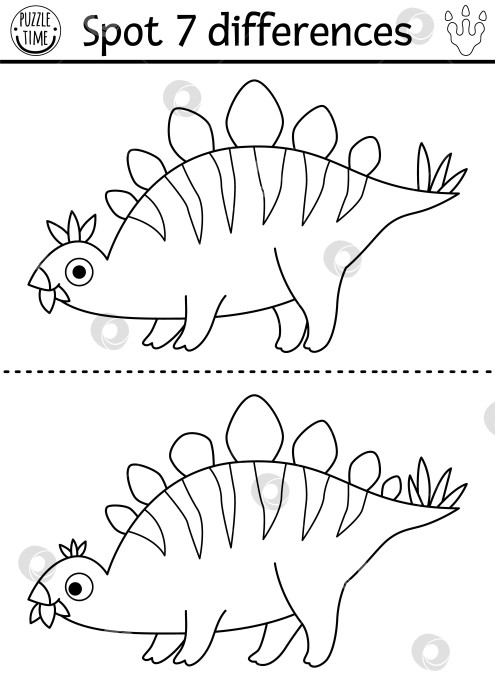 Скачать Игра "Найди отличия" для детей. Развивающее занятие с черно-белым динозавром и стегозавром. Пазл с изображением маленького древнего животного. Рабочий лист для печати, раскраска со стегозавром фотосток Ozero