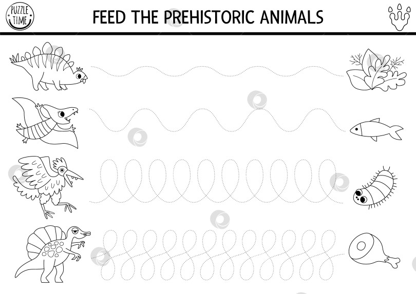 Скачать Векторный черно-белый рабочий лист для отработки рукописного ввода. Игра "Накорми динозавра". Занятие по рисованию в доисторическом стиле для детей с древними животными и продуктами питания. Раскраска с трассировкой фотосток Ozero