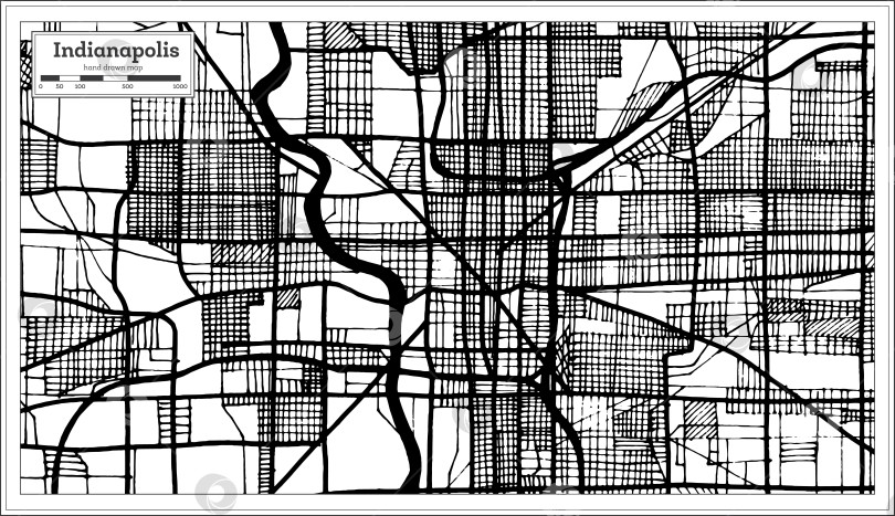 Скачать Карта города Индианаполис, США, выполненная в черно-белом цвете в стиле ретро. Схематическая карта. фотосток Ozero