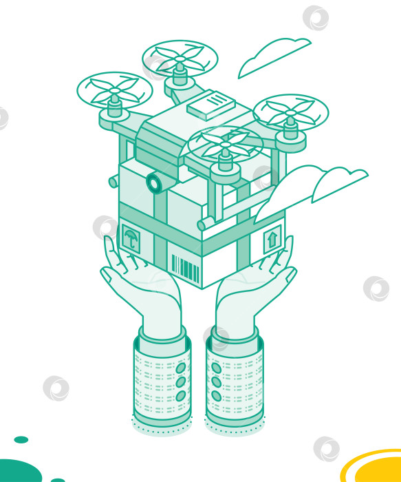 Скачать Дрон доставляет посылку и вручает коробку в руки. Технология обслуживания. Концепция изометрического контура. Квадрокоптер с посылкой. Дрон доставляет товар. Экспресс-доставка. фотосток Ozero