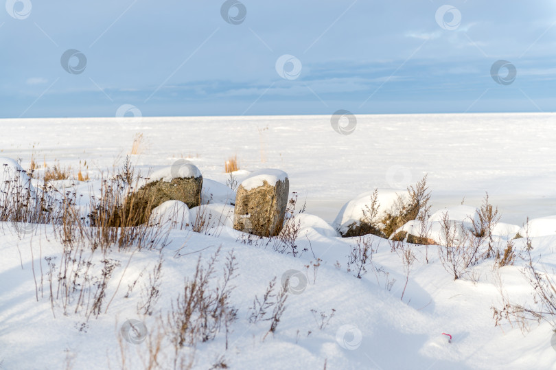 Скачать Озеро, замерзшее под снегом, вид с берега. Зимний фон. фотосток Ozero