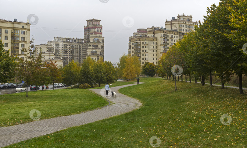 Скачать Люди гуляют с собаками в небольшом парке. фотосток Ozero