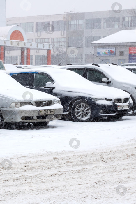 Скачать Беларусь, Минск - 29 ноября 2023 года: Автомобили в снегу во время снегопада фотосток Ozero