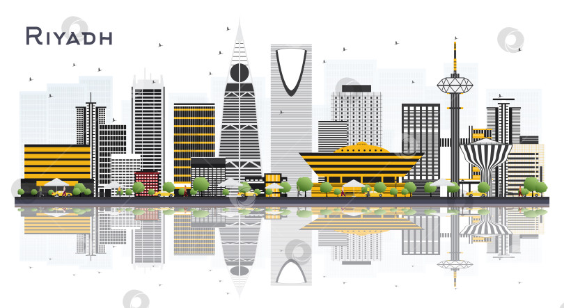 Скачать Городской пейзаж Эр-Рияда, Саудовская Аравия, с серыми зданиями, выделяющимися на белом фоне. фотосток Ozero