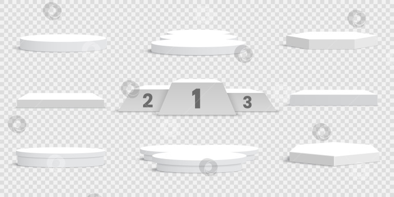 Скачать Набор белых пустых подиумов на прозрачном фоне. Подставки. Сцена. Векторная иллюстрация. фотосток Ozero