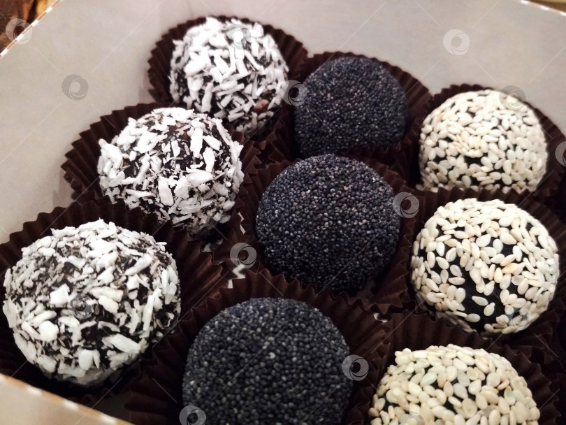 Скачать Шоколадные фруктовые конфеты кокосовая стружка мак кунжутная еда вкусный десерт макро фото фотосток Ozero