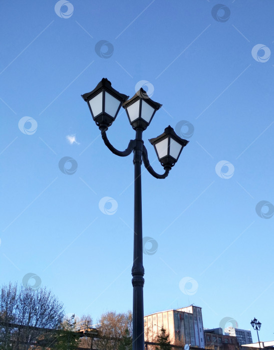 Скачать Уличный фонарь лампа голубое небо городской пейзаж фото фотосток Ozero