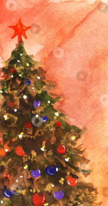 Скачать Акварельная рождественская елка с шарами и гирляндой фотосток Ozero