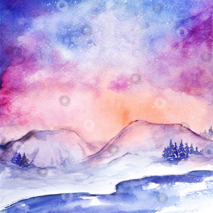 Скачать Акварель северные огни природа снег зимний пейзаж фотосток Ozero