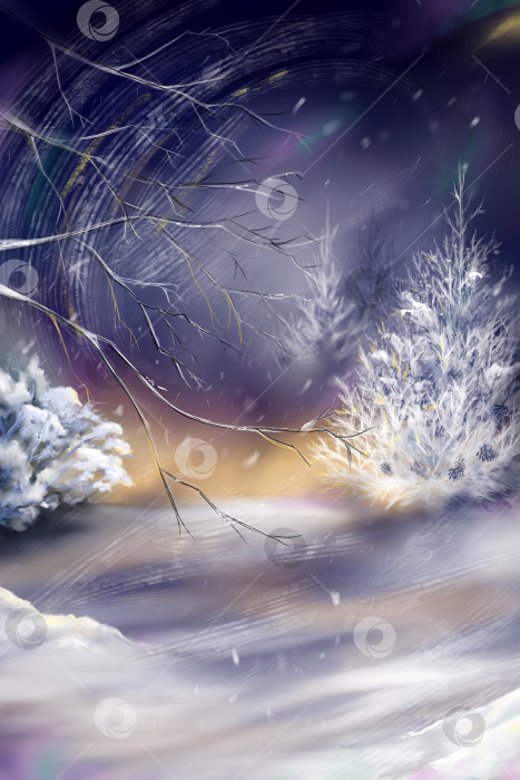 Скачать Акварель фиолетовая ночь зимний лес ель снежный пейзаж цифровое искусство фотосток Ozero