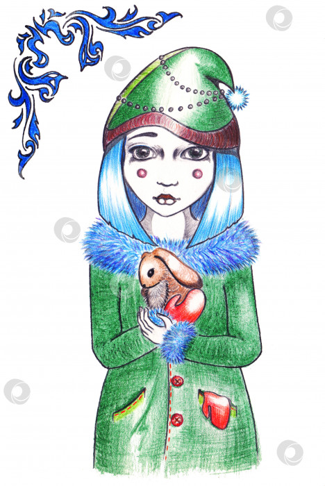 Скачать Зимняя синяя прическа девушки в шляпе и пальто с кроликом фотосток Ozero