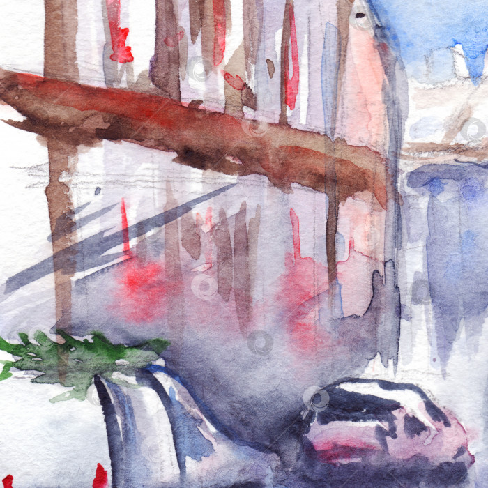 Скачать Акварельный дождливый уличный автомобильный дорожный пейзаж на открытом воздухе фотосток Ozero