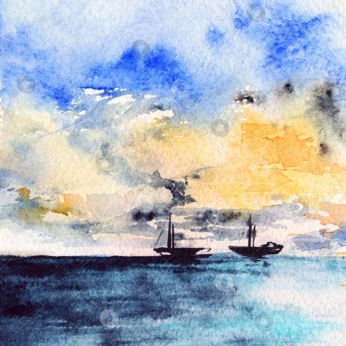 Скачать Акварель море океан лодка корабль закат яркий пейзаж фотосток Ozero