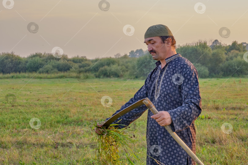 Скачать Пожилой азиат в тюбетейке и традиционной одежде чистит ручную косу травой на сенокосе. фотосток Ozero