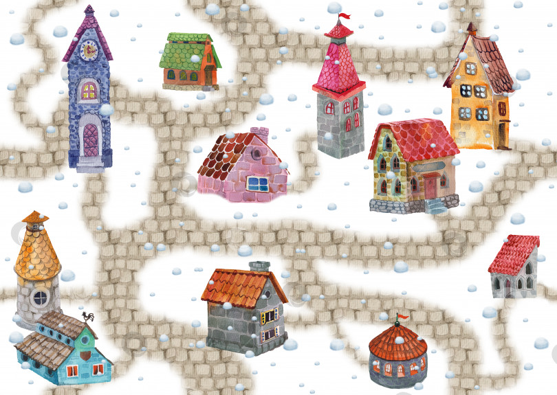 Скачать Бесшовный узор, изображающий зимний пейзаж с фантастическими домами и снегопадом фотосток Ozero