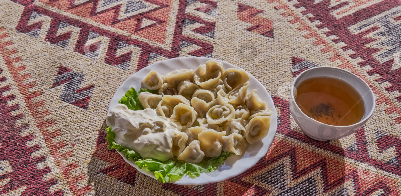 Скачать Пельмени со сметаной и чашкой горячего травяного чая. фотосток Ozero