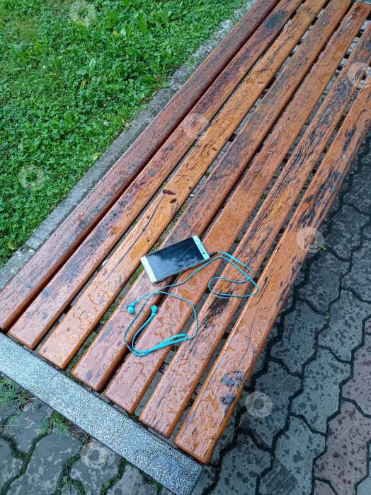 Скачать Мобильный телефон был забыт в парке во время дождя фотосток Ozero