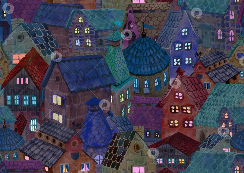 Скачать Бесшовный фон, изображающий ночной сказочный город, нарисованный акварелью фотосток Ozero