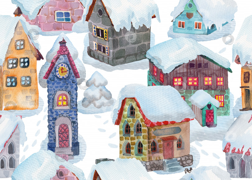Скачать Бесшовный узор с изображением зимнего пейзажа с фантастическими домами и сугробами фотосток Ozero