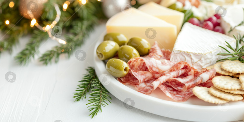 Скачать Праздничное рождественское или новогоднее мясное ассорти с сырами, салями, виноградом, оливками на тарелке, праздничный фон, место для копирования фотосток Ozero