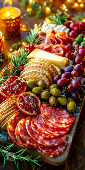 Скачать Праздничная разделочная доска с разнообразными сырами и мясом на деревенском столе, фон фотосток Ozero