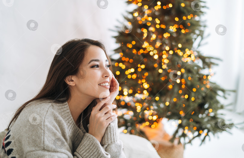 Скачать Портрет улыбающейся азиатской женщины с темными длинными волосами в уютном свитере в комнате с рождественской елкой фотосток Ozero