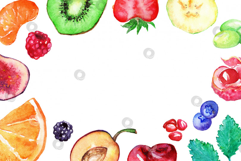 Скачать Акварель экзотический фрукт ягода сладкая рамка изолированная фотосток Ozero