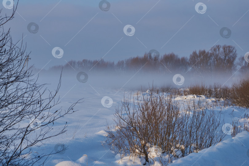 Скачать Снежный зимний пейзаж в пойме реки за городом. фотосток Ozero