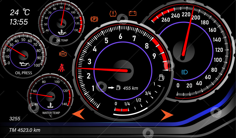 Скачать Дизайн приборной панели автоматического автомобиля со спидометром. Абстрактная технология измерения скорости. фотосток Ozero