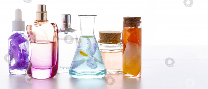 Скачать Приготовление парфюмерии из натуральных ингредиентов, ароматерапия. Свежие цветы в колбах с химикатами и флаконах для духов фотосток Ozero