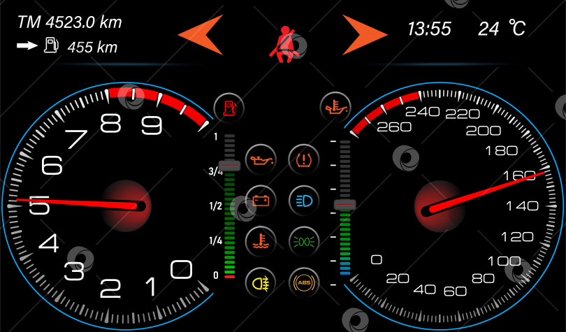 Скачать Дизайн приборной панели автоматического автомобиля со спидометром. Абстрактная технология измерения скорости. фотосток Ozero