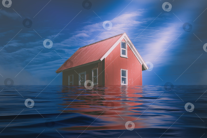 Скачать Ярко-красный дом из сайдинга затоплен водой фотосток Ozero
