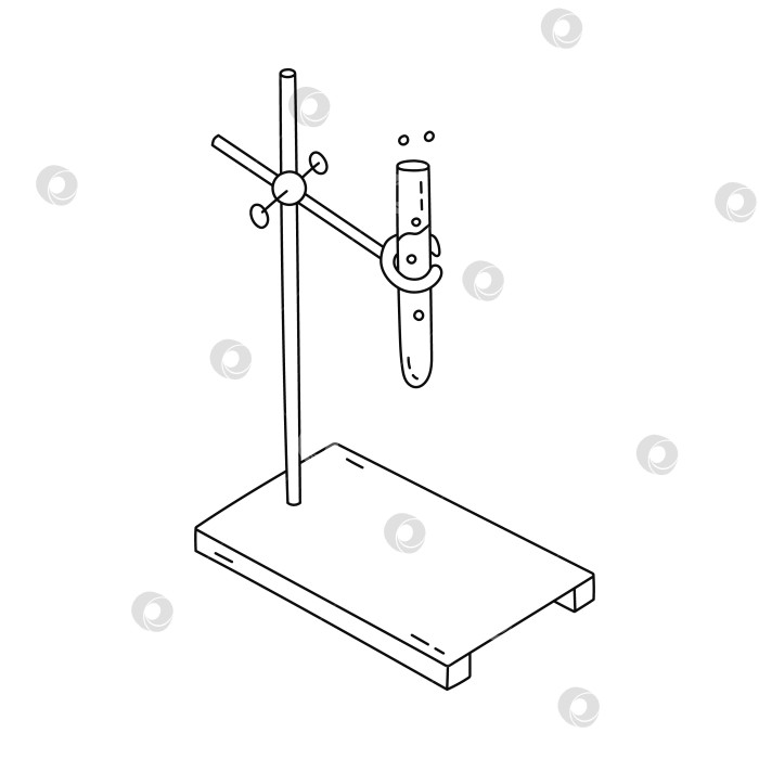Скачать Симпатичная подставка для пробирок с рисунками каракулей и стеклянной посудой с желтой жидкостью для химического эксперимента. Стеклянная пробирка в подставке для исследовательской лаборатории, биологии, медицинской лаборатории. Нарисованный от руки научный инструмент, выделенный на белом фоне. фотосток Ozero