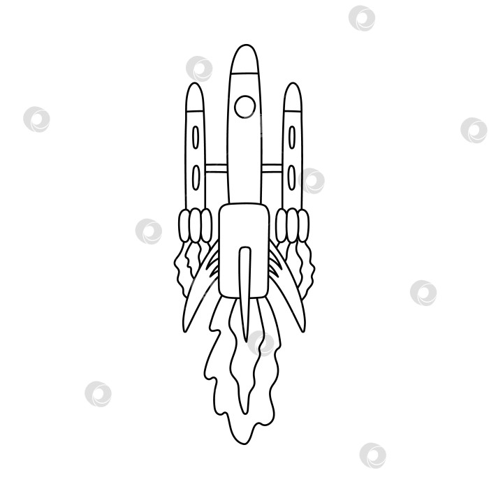 Скачать Симпатичные каракули о большой космической ракете с пламенем. Нарисованный от руки космический челнок, летящий в небе. Символ астрономии, открытия Вселенной, бизнес-проекта. Черно-белый рисунок космического корабля, выделенный на фоне. фотосток Ozero