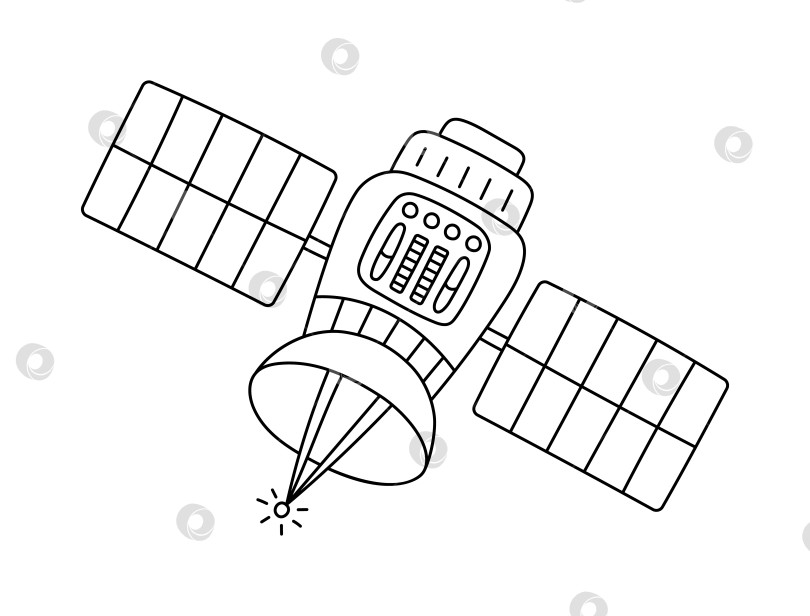 Скачать Симпатичный рисунок спутника, летящего в открытом космосе в детском стиле. Космический зонд, нарисованный от руки для передачи сигнала, данных, информации. Черно-белый контур космического корабля, выделенный на белом фоне. фотосток Ozero