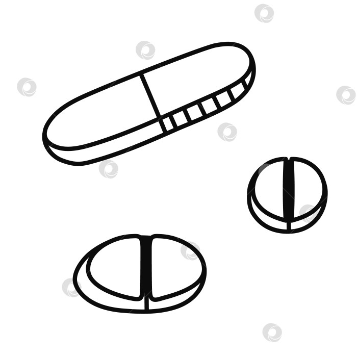 Скачать Симпатичный набор для рисования с таблетками. Обезболивающие, медицинские препараты, витамины, антибиотики для здравоохранения в плоском стиле. Нарисованные от руки медикаменты и лекарственные средства в таблетках на белом фоне. фотосток Ozero