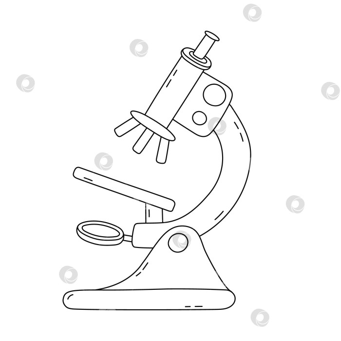Скачать Симпатичный микроскоп с рисунками-каракулями для химических, генетических и медицинских экспериментов. Лабораторный инструмент для создания вакцин, генетических исследований, научных исследований. Нарисованный от руки контур научного оборудования, выделенный на белом фоне. фотосток Ozero